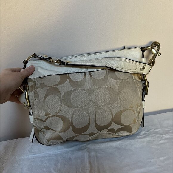 Coach Zoe 12657 Shoulder Bag Khaki/White Signature Canvas Leather Trim Gold-Tone - Picture 2 of 10